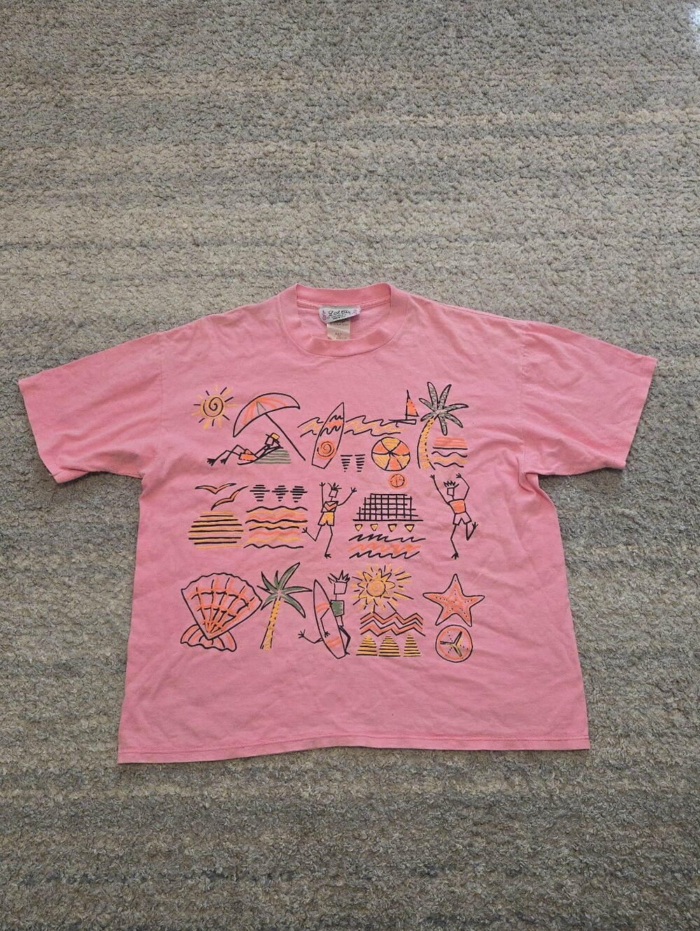 Vintage 80s LA Chic California Beach T Shirt Pink Neon Single Stitch Crop Boxy